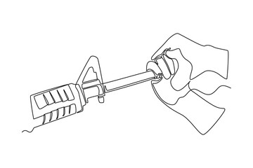 Single one-line drawing hand plugging the tip of the gun. Anti-terrorism day concept continuous line draw design graphic vector illustration