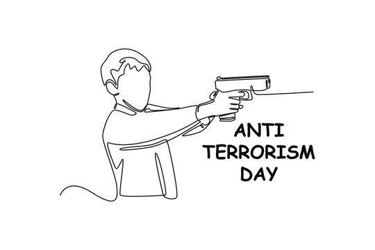 Single one-line drawing boy holding a gun on anti-terrorism day. Anti-terrorism day concept continuous line draw design graphic vector illustration