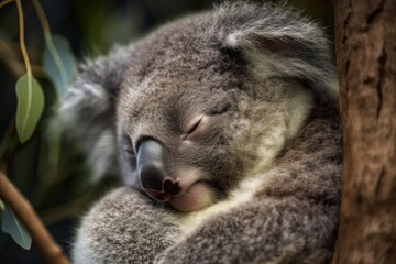 Sleeping Baby Koala Bear from Australia on a Eucalyptus Tree. Cute Eating Leaves The sleepy Koala, the gum tree. Generative AI