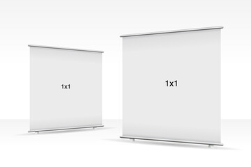 Set of 2 empty standee or rollup banner display mockup on isolated white background. Display mockup for presentation or exhibition product. Vertical blank roll up stand template in 1x1 square sizes.