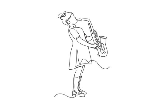 Continuous one-line drawing girl in the style of the 70s is playing the saxophone. 70s style concept single line draws design graphic vector illustration