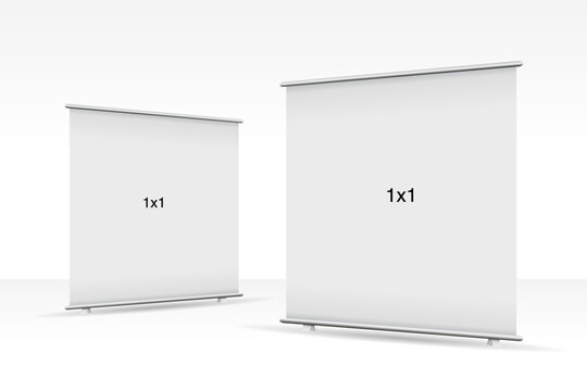 Set Of 2 Empty Standee Or Rollup Banner Display Mockup On Isolated White Background. Display Mockup For Presentation Or Exhibition Product. Vertical Blank Roll Up Stand Template In 1x1 Square Sizes.