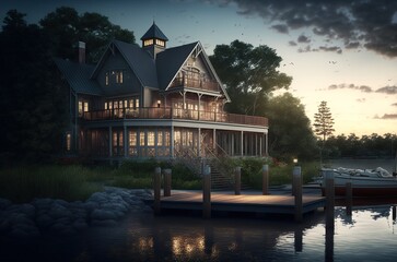 house on the lake with nautical theme and dock made with generative ai