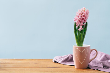 Hyacinth flower plant potted in pink mug with heart at home on wooden table. Flowerhead in bloom....