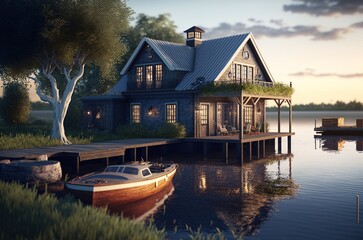 coastal retreat with a nautical theme and a private dock made with generative ai