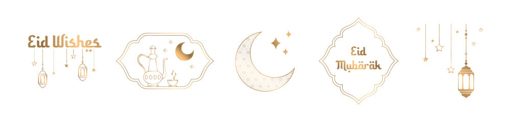 golden collection for Ramadan Mubarak and Eid al Fitr. Greeting cards with minimal boho design, moon, mosque dome and lanterns