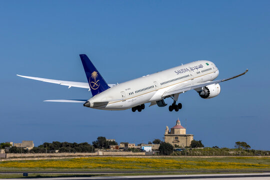 Luqa, Malta - March 18, 2023: Saudia Saudi Arabian Airlines Boeing 787-9 Dreamliner (Reg.: HZ-AR23) Departing From Malta After Making An Emergency Landing About 3 Hours Earlier.