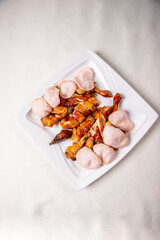 chef signature golden roasted crispy farm kampong whole chicken with deep fried kolopok on wood table Chinese asian halal banquet menu