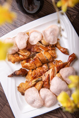 chef signature golden roasted crispy farm kampong whole chicken with deep fried kolopok on wood table Chinese asian halal banquet menu