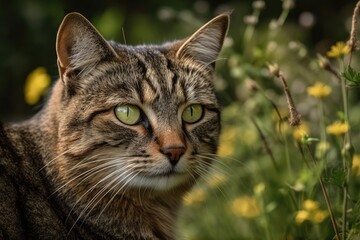 Naklejka na ściany i meble Gorgeous tabby cat on a meadow that is in blossom. Catus felis silvestris. adorable cat in grass in Europe. Generative AI