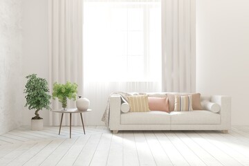 White living room with sofa. Scandinavian interior design. 3D illustration