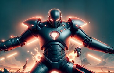 Photo of a man wearing a futuristic suit with arms extended