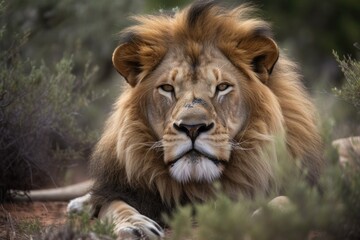 Naklejka na ściany i meble At the Addo elephant park, a large male lion rests. Generative AI