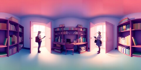 Photo of two individuals standing in a room surrounded by bookshelves
