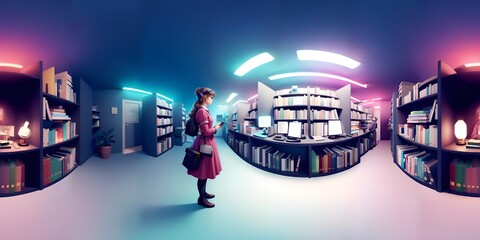 Photo of a woman browsing books in a library - obrazy, fototapety, plakaty