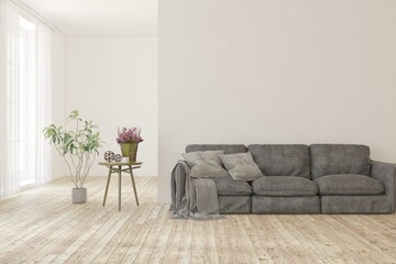 White living room with sofa. Scandinavian interior design. 3D illustration