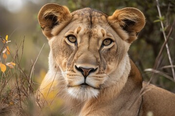 Obraz premium Panthera leo, an endangered member of the genus Panthera and a species of the family Felidae, on the grass at Tanzania's Serengeti National Park. Generative AI