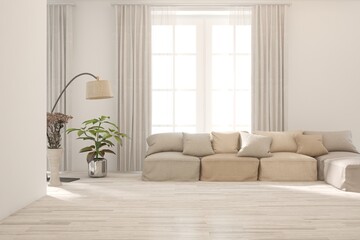 White modern interior design with sofa. Scandinavian interior design. 3D illustration
