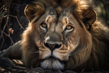 Fototapeta premium A close up shot of an adult lion with a massive mane lying down. picture of an animal. an enormous wild cat. Generative AI