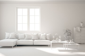 White living room concept with sofa. 3D illustration