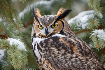 On a chilly winter morning, a close up of a great horned owl perched in a snow covered pine tree is shown. Generative AI