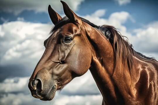 A depiction of a brown stallion. A portrait of a brown sport horse Standardbred horse. Gorgeous horse. Horse head atop a cloudy blue sky. Generative AI