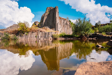 Polygonal structures of basalt columns, natural monument Panska skala. Basalt organ pipes of Panska...
