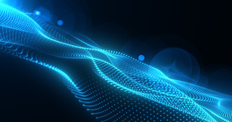 Abstract blue glowing waves from particles and dots energy magical futuristic hi-tech, abstract background