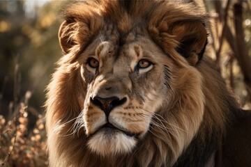 Fototapeta na wymiar A close up of a male African lion in the wild animals. Generative AI