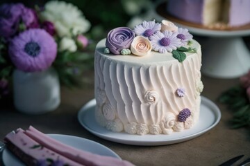 A white wedding cake with purple and white flowers on it. Generative Ai