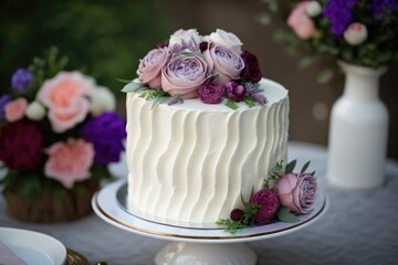 Obraz na płótnie Canvas A white wedding cake with purple and pink flowers on top. Generative Ai