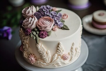 A white wedding cake with a floral design on it. Generative Ai