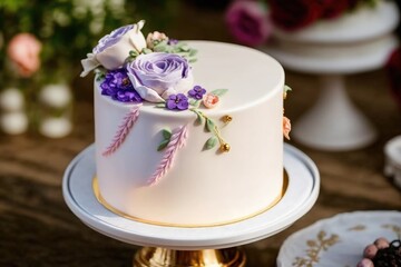 Fototapeta na wymiar A white wedding cake with purple flowers on top of it. Generative Ai