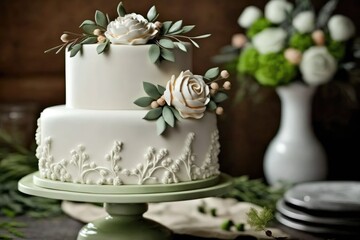 Obraz na płótnie Canvas A white wedding cake with roses on the top. Generative Ai