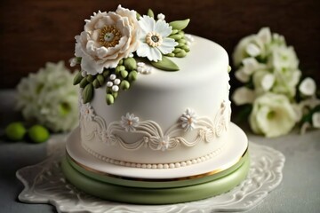 Obraz na płótnie Canvas A white wedding cake with flowers on top of it. Generative Ai
