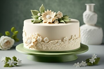 A white wedding  cake with flowers on it is on a green plate. Generative Ai