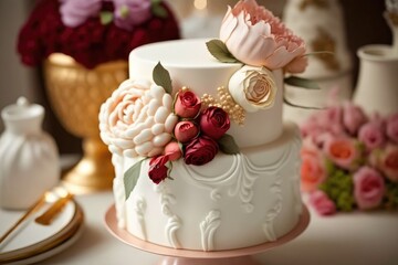 A white wedding cake with a white cake with flowers on it. Generative Ai