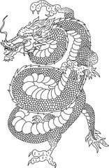 Fototapeta premium outline Japanese dragon with flower for tattoo style.Traditional Japanese culture for printing and coloring book on background.