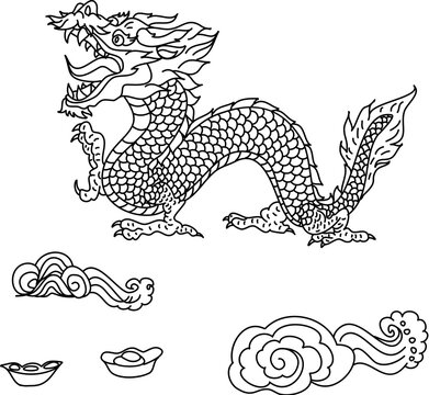 outline Japanese dragon with flower for tattoo style.Traditional Japanese culture for printing and coloring book on background.