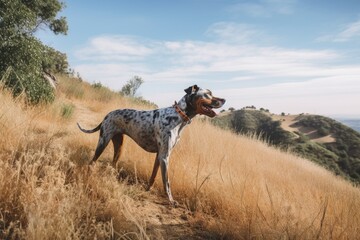 Obraz na płótnie Canvas Hiking through the wilds of California with a catahoula leopard dog. Generative AI