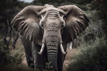 Fototapeta na wymiar A portrait of an elephant bull walking towards the camera at the Addo Elephant National Park in South Africa's Eastern Cape. Generative AI