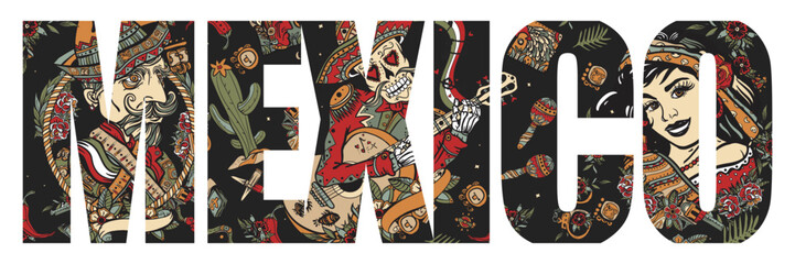 Mexico slogan. Skeleton with guitar, mexican woman. National culture and people style. Day Of Dead art. Old school tattoo vector art