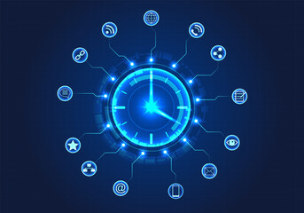 Watch is surrounded by a circle of technology and has smart technology to help. Like the concept of time allocation within the organization to work on goals when customers want.