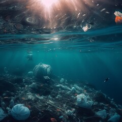Naklejka na ściany i meble polluted ocean, rubbish in the sea, rubbish in the ocean, rubbish floating at sea, plastic sea pollution, generative ai.