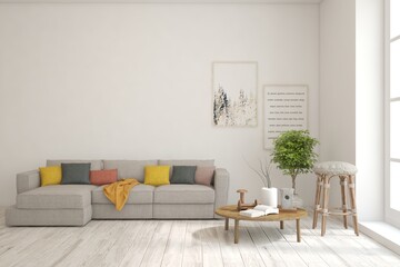 White modern interior design with sofa. Scandinavian interior design. 3D illustration