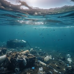 polluted ocean, rubbish in the sea, rubbish in the ocean, rubbish floating at sea, plastic sea pollution, generative ai.