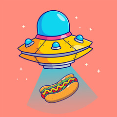 Cute flying ufo catching hotdog cartoon vector icon illustration science food icon concept