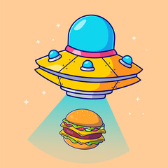 Cute flying ufo catching burger cartoon vector icon illustration science food icon concept
