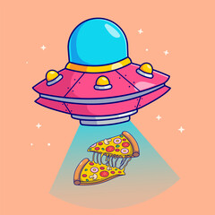 Cute flying ufo catching pizza cartoon vector icon illustration science food icon concept