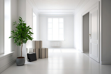 Cardboard boxes, potted plants in empty white room, movement. Moving day concept. Made with Generative AI